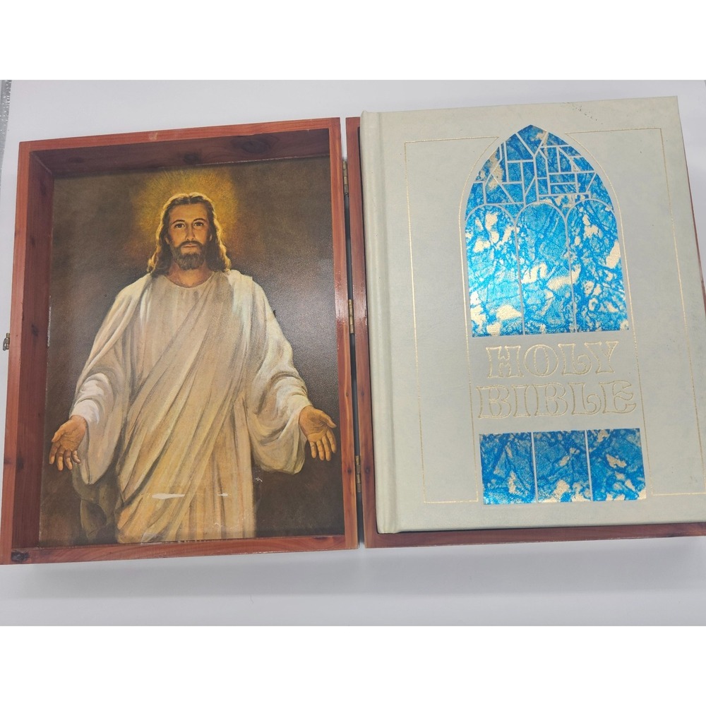 Vintage Holy Bible Book Set in Cedar Wood‎ Box Jesus Religious Decor